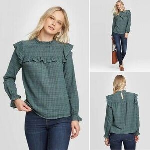 Universal Threads Green Plaid Ruffle Long Sleeve Top Blouse